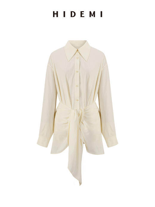 HIDEMI 极简设计感腰部围裹丝巾燕尾系带式多穿连衣裙衬衫 艺术灰/奶油米 商品图13