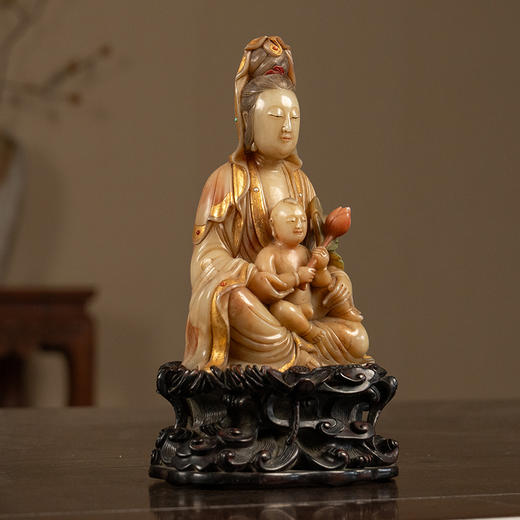 清 寿山石描金彩绘童子观音像（红木座） 商品图2