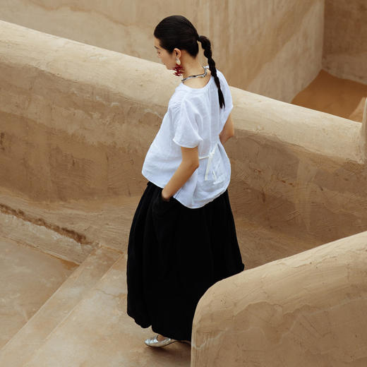绽放463朵【黑白灰系列·麦兜】砂洗亚麻大裙摆设计感口袋半身裙 商品图3