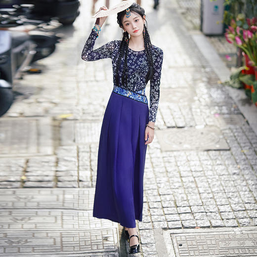 SJ2005蓝+1623蓝 2024新中式复古改良网纱长袖上衣国风印花民族风丝麻刺绣阔腿裙裤 商品图3