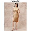 VIMAGE纬漫纪气质通勤纯色无袖一字肩缎面驼色连衣裙秋季新款V2207812 商品缩略图2