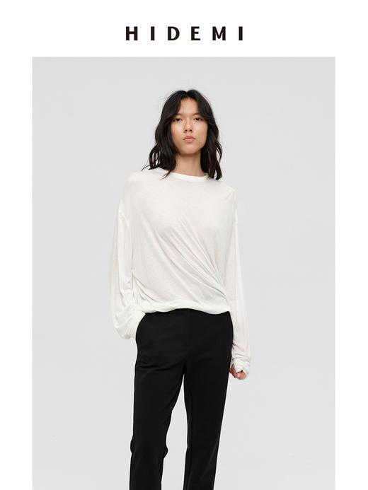 HIDEMI凉感超薄清透皮肤衣系列圆领oversize宽松慵懒长袖面膜T恤 朱红色/豆沙灰绿/烟草灰/深藏青/自然白 商品图8