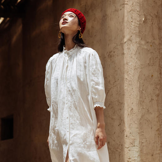 绽放515朵【黑白灰系列·白鸽】木耳边花瓣领风琴褶七分袖连衣裙 商品图1