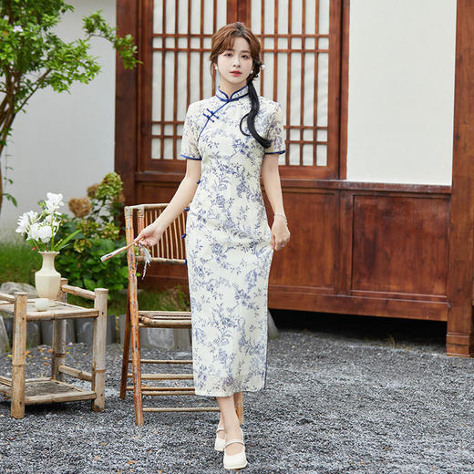 SYK-878-1旗袍年轻款三分袖女复古修身礼服2024年新款旗袍中式春秋款 商品图0