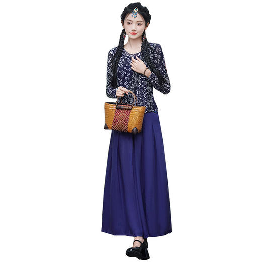 SJ2005蓝+1623蓝 2024新中式复古改良网纱长袖上衣国风印花民族风丝麻刺绣阔腿裙裤 商品图4