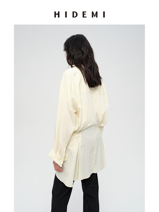 HIDEMI 极简设计感腰部围裹丝巾燕尾系带式多穿连衣裙衬衫 艺术灰/奶油米 商品图10