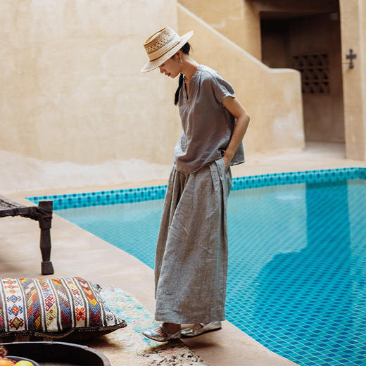 绽放343朵【黑白灰系列·灰武士】色织亚麻休闲裤宽松阔腿裤 商品图1