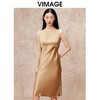 VIMAGE纬漫纪气质通勤纯色无袖一字肩缎面驼色连衣裙秋季新款V2207812 商品缩略图3