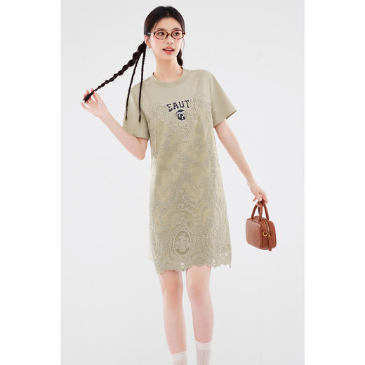 【严选】诗凡黎假两件蕾丝拼接T恤连衣裙2024夏新款洋气圆领直筒裙女SF6391641 商品图0