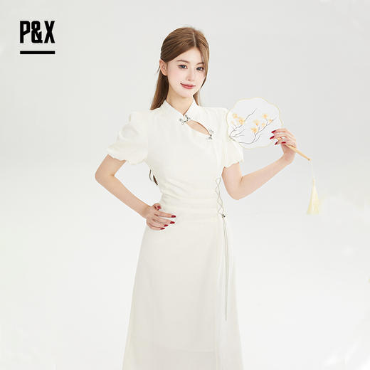 P&X设计师女装秋季复古禅意新中式中国风连衣长裙 824308399 杏色 商品图1