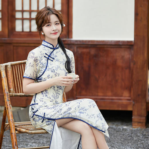 SYK-878-1旗袍年轻款三分袖女复古修身礼服2024年新款旗袍中式春秋款 商品图1