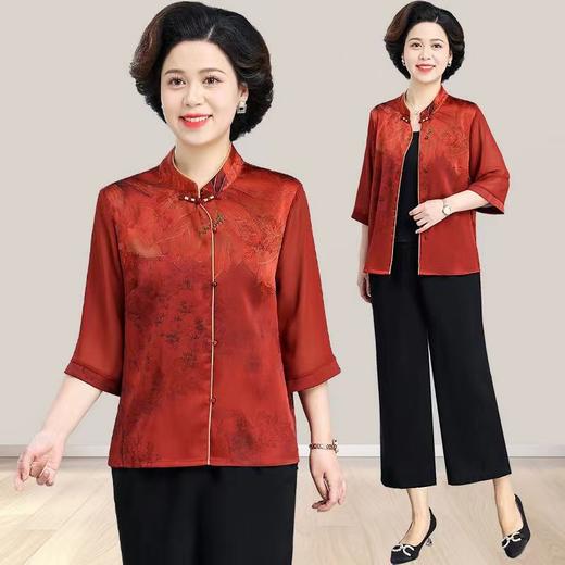 A5668夏装真丝桑蚕丝上衣女洋气中式妈妈装中袖衬衫中老年女装薄款衬衣 商品图4
