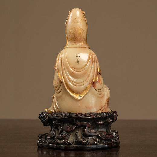 清 寿山石描金彩绘童子观音像（红木座） 商品图1