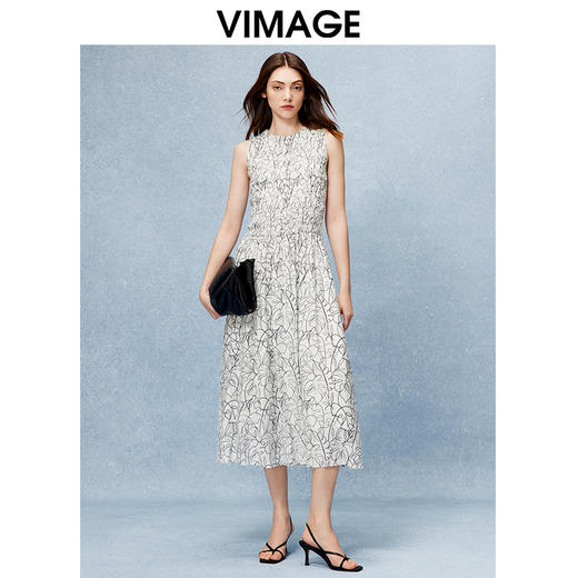 VIMAGE纬漫纪舒适无袖收腰a字印花连衣裙夏季新款V2207809 商品图1