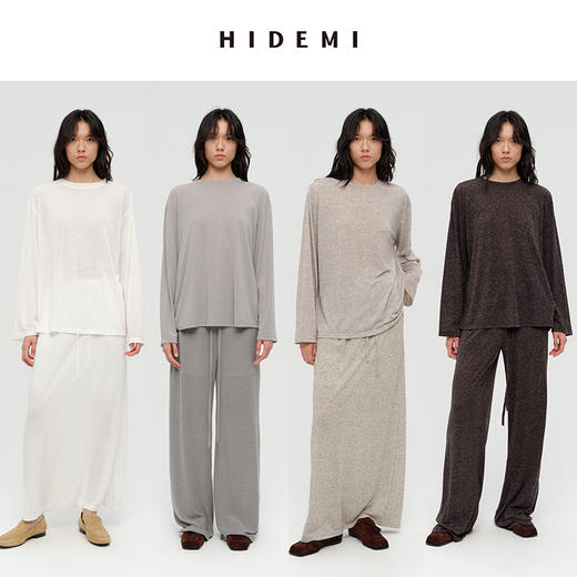 HIDEMI自然水洗亚麻轻薄宽松廓形T恤休闲四件套短袖长袖半裙长裤阿贝贝套装 商品图0
