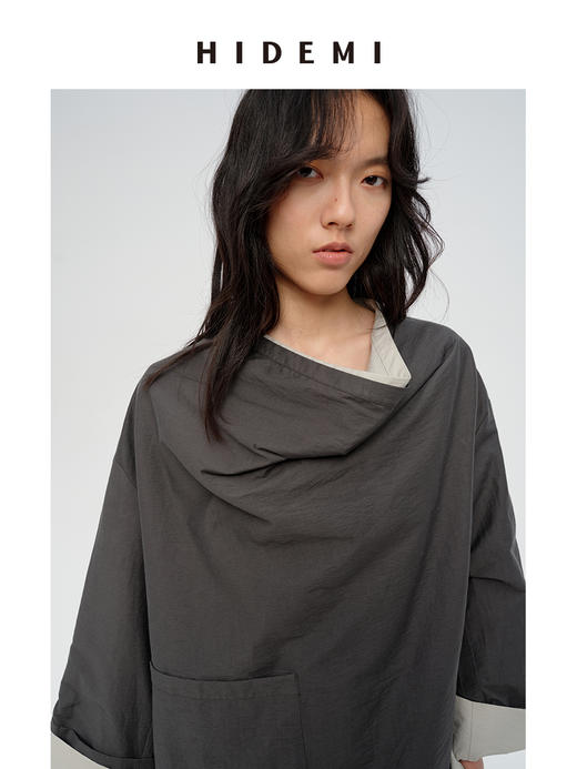 HIDEMI 极简做旧水洗棉堆堆领口袋廓形感衬衫 雾霾灰蓝/炭灰色 商品图4