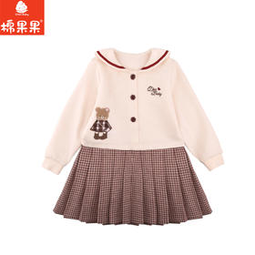 棉果果秋季新品女童百搭格子卡通小熊大翻领连衣裙M322700424413