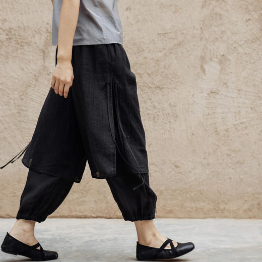 绽放477朵【黑白灰系列·松弛感】天丝亚麻假两件束脚灯笼裙裤 商品图2