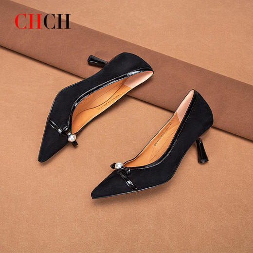 CHCH平衡鞋磨砂翻皮单鞋女春2024年新款蝴蝶结粗跟浅口黑色女鞋 商品图1