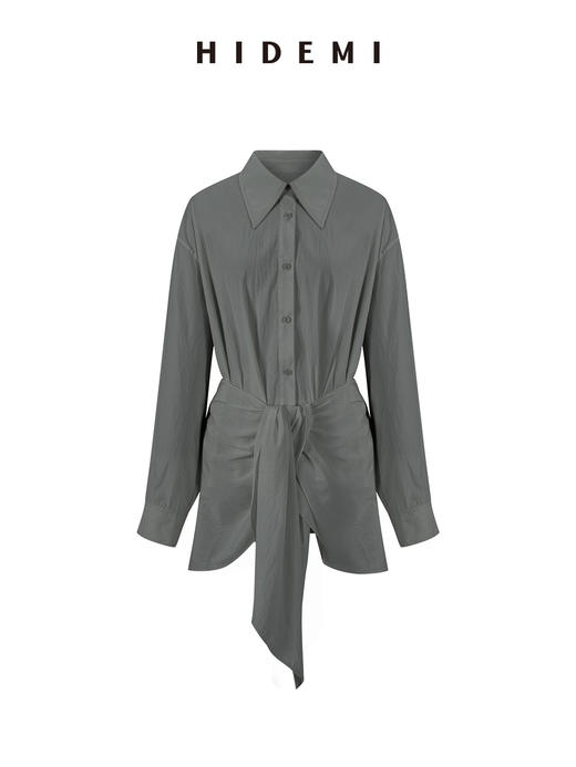 HIDEMI 极简设计感腰部围裹丝巾燕尾系带式多穿连衣裙衬衫 艺术灰/奶油米 商品图12