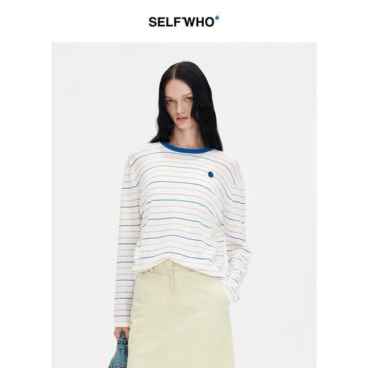 【笑脸衣橱】SELFWHO亚麻棉混纺海魂条纹针织衫女秋2024新款慵懒宽松圆领上衣 商品图2