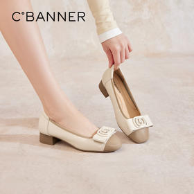 千百度双C拥抱粗跟浅口单鞋女秋季拼接真皮小香风晚晚鞋A24462628