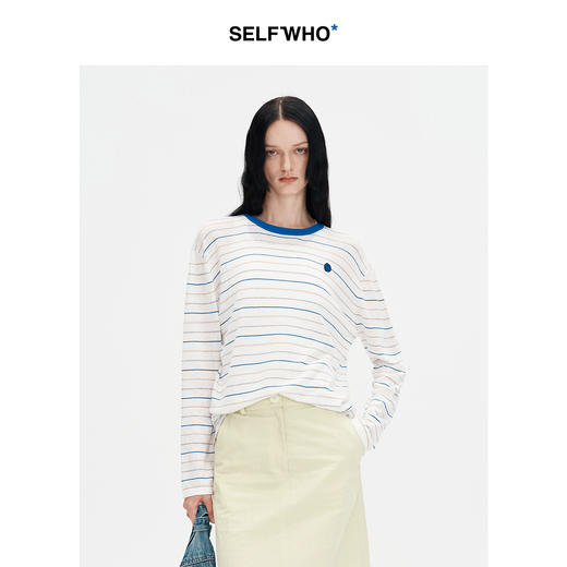 【笑脸衣橱】SELFWHO亚麻棉混纺海魂条纹针织衫女秋2024新款慵懒宽松圆领上衣 商品图1