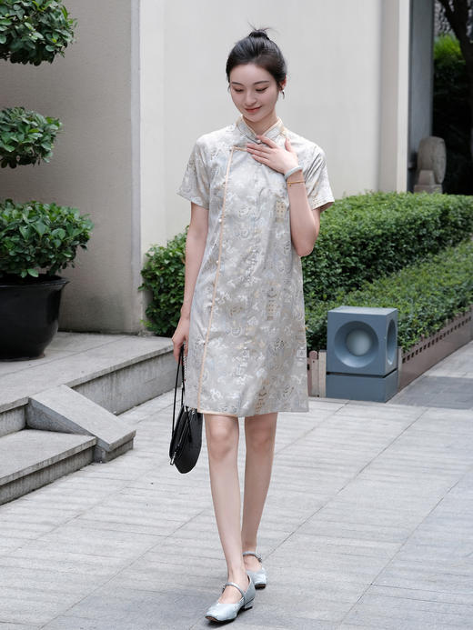 盛唐婧 |宋锦异色箩小立领偏襟连衣裙 商品图2