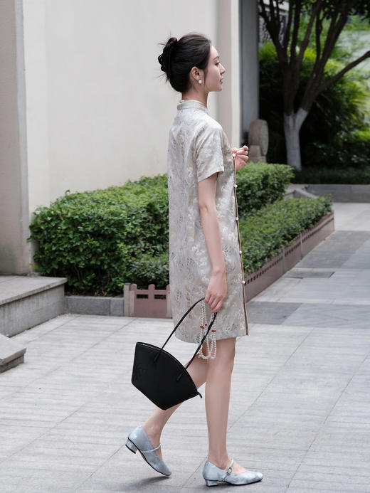 盛唐婧 |宋锦异色箩小立领偏襟连衣裙 商品图3