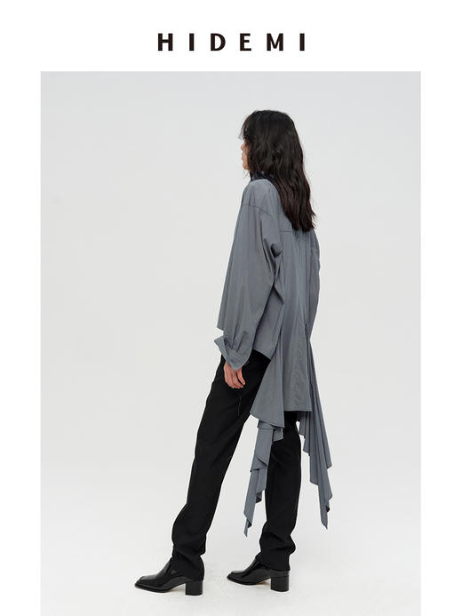 HIDEMI 极简设计感腰部围裹丝巾燕尾系带式多穿连衣裙衬衫 艺术灰/奶油米 商品图9