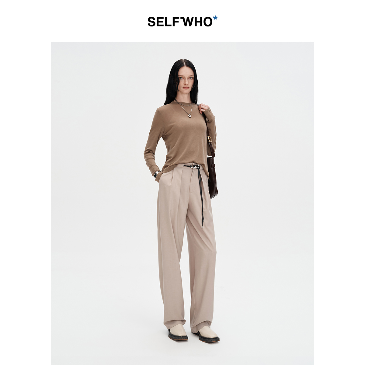 SELFWHO浅卡其羊毛混纺休闲裤西裤女2024秋新款通勤设计感直筒裤