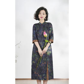 西子/【莫奈花园】桑蚕丝花罗油墨重彩复古连衣裙带腰带/CQLL359