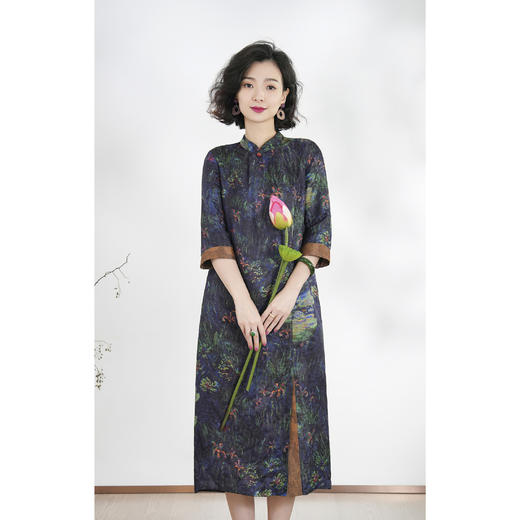 西子/【莫奈花园】桑蚕丝花罗油墨重彩复古连衣裙带腰带/CQLL359 商品图0