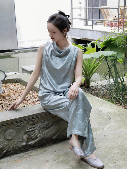 盛唐牡丹 |雪灰梅兰竹菊真丝女裤 商品图6