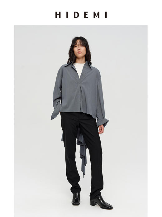 HIDEMI 极简设计感腰部围裹丝巾燕尾系带式多穿连衣裙衬衫 艺术灰/奶油米 商品图4