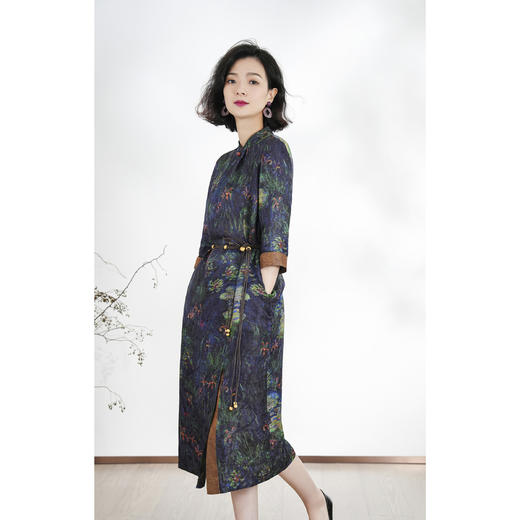 西子/【莫奈花园】桑蚕丝花罗油墨重彩复古连衣裙带腰带/CQLL359 商品图2