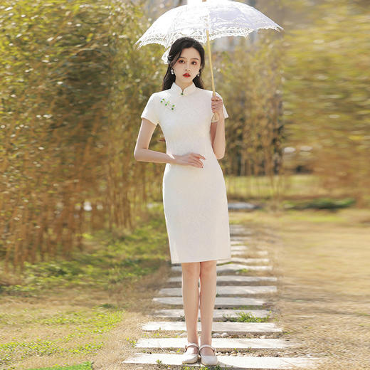 改良旗袍夏季年轻款小个子短款白色CCG8479 商品图0