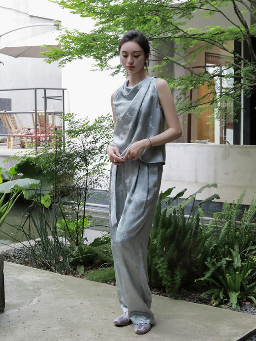 盛唐牡丹 |雪灰梅兰竹菊真丝女裤 商品图4