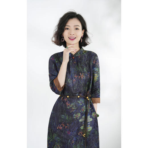 西子/【莫奈花园】桑蚕丝花罗油墨重彩复古连衣裙带腰带/CQLL359 商品图1