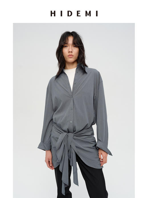 HIDEMI 极简设计感腰部围裹丝巾燕尾系带式多穿连衣裙衬衫 艺术灰/奶油米 商品图0