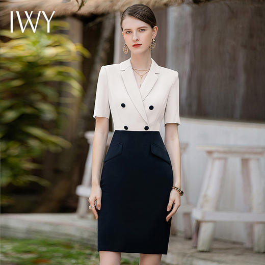 IWY/夏季短袖薄款连衣裙女时尚气质工作服假两件修身美容院职业装Q943 商品图0