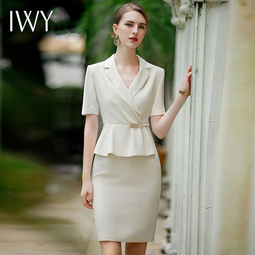 IWY/杏色短袖职业西装连衣裙女假两件薄修身显瘦美容院气质工作服Q944 商品图2