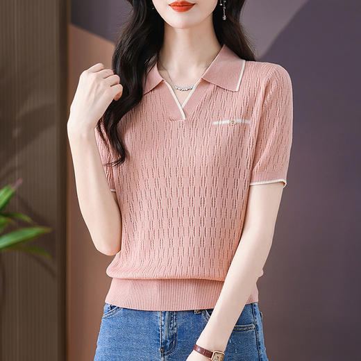 CC-QQH-9112短袖女t恤夏2024新款洋气时尚薄款针织衫polo领冰丝上衣 商品图3