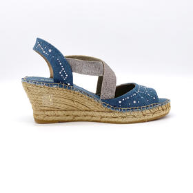 断码特价37码&39码——西班牙原产手工制作时尚轻便舒适女款坡跟草编鞋702TR牛仔蓝（繁星系列）