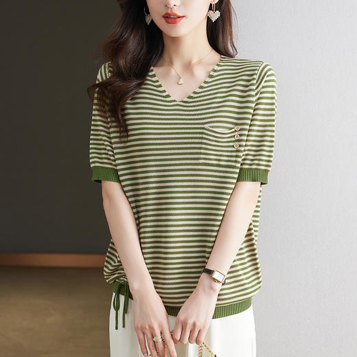 CC-10-5321夏季新款V领条纹天丝针织衫女宽松大码套头短袖T恤女小衫上衣 商品图0