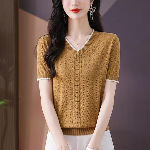 CC-QQH-779    V领冰丝短袖t恤女2024新款夏装镂空针织衫上衣薄款 商品图2