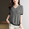 CC-10-5321夏季新款V领条纹天丝针织衫女宽松大码套头短袖T恤女小衫上衣 商品缩略图2