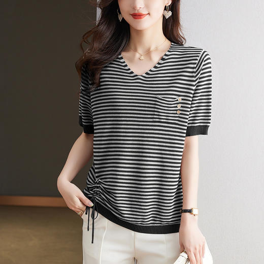 CC-10-5321夏季新款V领条纹天丝针织衫女宽松大码套头短袖T恤女小衫上衣 商品图2