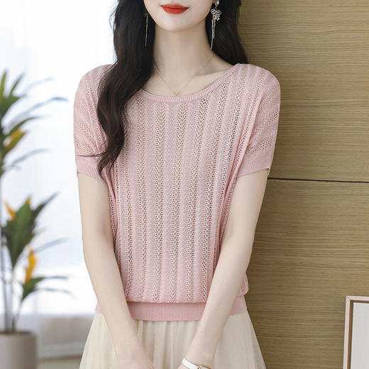 CC-YF-9347天丝短袖t恤女2024新款洋气镂空针织短袖薄款蝙蝠袖上衣潮 商品图1
