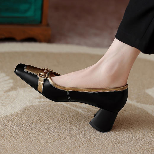 【预售5天】英伦风真皮女鞋2024年新款百搭中跟粗跟方头单鞋子HCYYHD&5164 商品图4